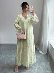 Yasmyna 女士梭织印花拼接袖口长袖宽松阿拉伯风格连衣裙 - 綠色 - 查看 5