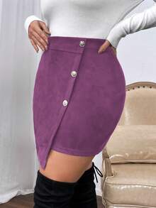 Vionelle Plus Size Elegant Dark Purple Autumn Everyday Commuter Solid Wrap Asymmetric Hem Fashionable Skirt - Red Violet - View 3