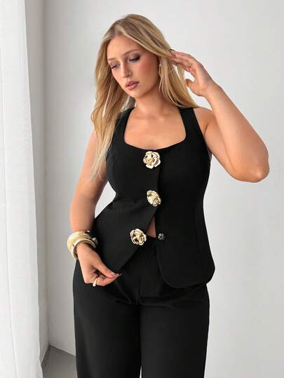 Auralis New Summer Black Waist-Cinched A-Line Square Neck Sleeveless Vest Blazer With Rose Gold Metal Button Decor, Elegant For Work, Office, Mermaid Style Top/Plus Size Blazer/Square Neck Sleeveless Vest / Textured Metal Buckle / Concealed Snap / Cinched Waist / Elegant And Modern Office Wear