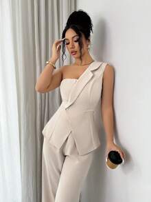 Elenzga 丝滑缎面高领荷叶边宽松A字露背无袖吊带背心，优雅法式浪漫复古风，适合办公室通勤、商务休闲、海滩度假等多种场合，简约百搭，春夏新款 - 杏色 - 查看 3