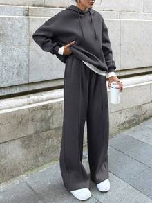 EURMUSE Bộ đồ 2 món thời trang đường phố thường ngày cho nữ, áo nỉ có mũ trùm đầu màu tương phản, có gân, dây rút - Xám - Xem 6