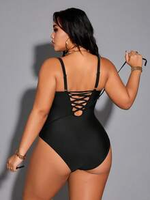 Shapewave 2026 New Summer Beach Lace & Mesh Patchwork Adjustable Drawstring Plus Size One-Piece Swimsuit - Black - View 5