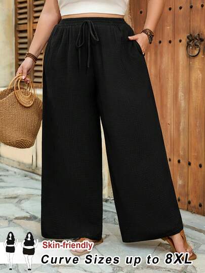 SHEIN CURVE+ 大码女装夏季休闲沙滩装，时尚商务通勤优雅阔腿裤，带口袋，莲花粉，夏季长裤，夏季/乡村/沙滩度假装/沙滩装/沙滩服饰
