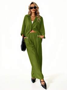 Aveloria Modichic 2件套 女士混纺侧开衩宽松衬衫和高腰阔腿裤 优雅商务休闲女装 - 綠色 - 查看 5