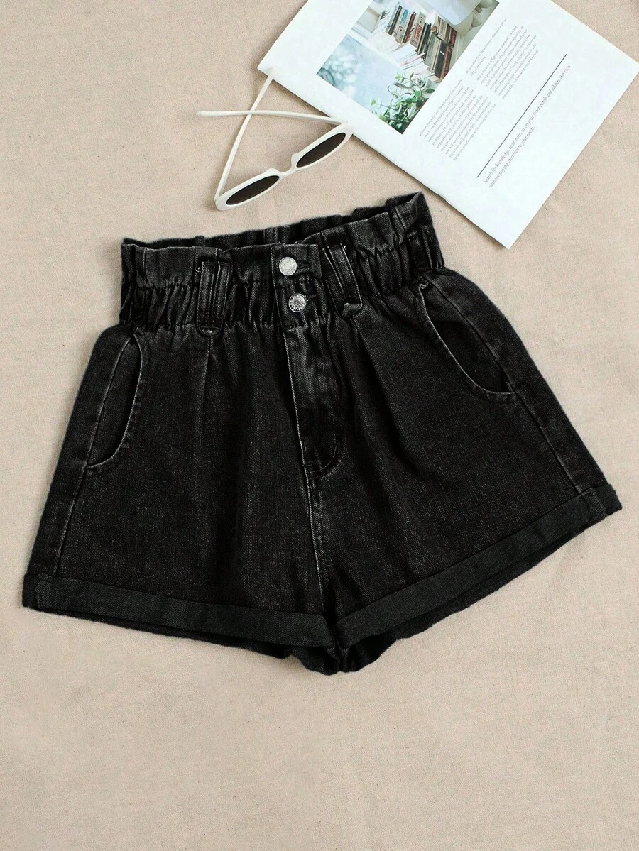 Breezaya Quần short denim dáng mùa hè, cạp chun, túi xéo. - màu đen - Xem 1