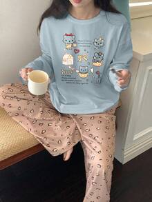 DAZY 2件套卡通熊印花长袖T恤和宽松豹纹长裤睡衣套装，春季女士睡衣 - 藍色 - 查看 4