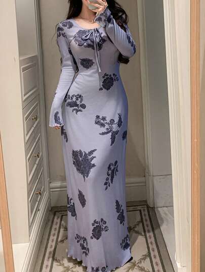 DAZY Floral Print Cinched Waist Long Nightgown With Tie Neck For Women