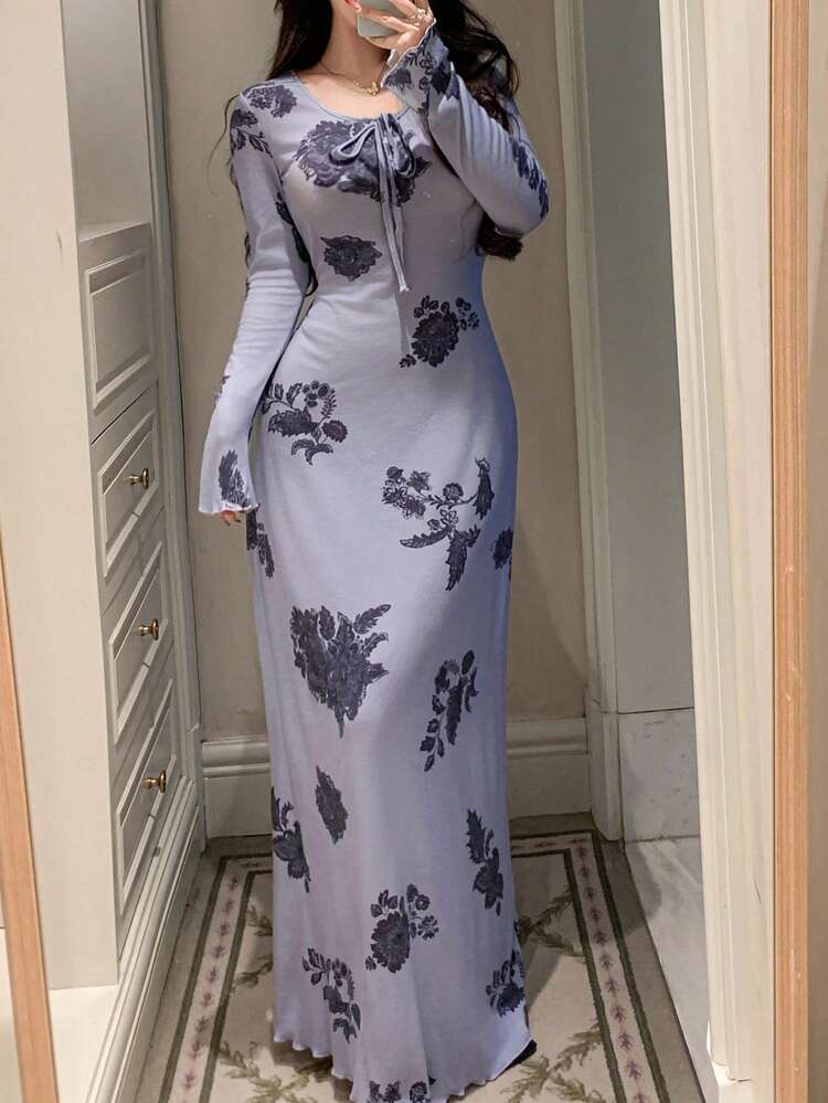 Floral Print Cinched Waist Long Nightgown With Tie Neck For Women