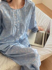 DAZY 碎花荷叶边宽松女士睡衣套装 - 藍色 - 查看 6