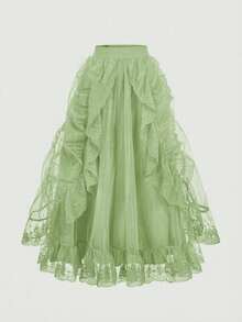 SHEIN MOD Green Lace Mesh Ruffle Hem Gothic Style Mini Skirt - Green - View 8