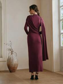 Anewsta Elegant Fitted Ruched Turtleneck Evening Dress - Burgundy - View 2