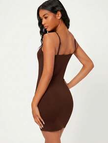 SHEIN BASICS 纯色吊带修身休闲晚宴约会连衣裙 - 棕色 - 查看 2