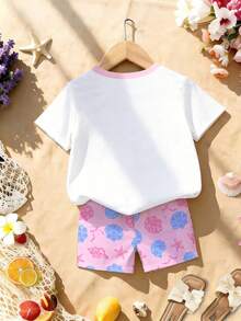 1 Set Girls' Summer Outfit, Pink Pearl Bow + Blue & Pink Starfish Shell Print, Suitable For Beach Vacation, Seaside Play, Casual Daily Wear - Multicolor - View 2