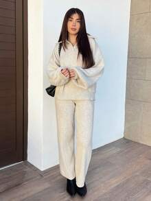 Hitanina 2件套女士休闲翻领毛衣和裤子套装，秋季 - 米色 - 查看 1