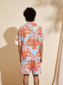 Felipe Marques Ensemble chemise à manches courtes et short en tissu maille imprimé palmier pour hommes, coupe ample, tenue de vacances décontractée pour île, fête sur la plage, printemps/automne - Multicolore - Voir 2
