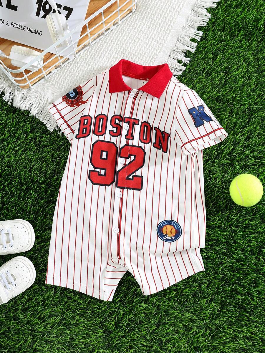 SHEIN Áo liền quần thể thao mùa hè dễ thương cho bé sơ sinh, kiểu dáng unisex, in chữ và sọc. - Nhiều màu - Xem 1