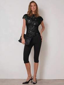 COSMINA Áo kiểu nữ màu trơn đính sequin tay ngắn ôm sát, thời trang, quyến rũ. - màu đen - Xem 4