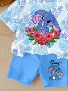 SHEIN Bộ đồ thể thao tối giản cho bé gái gồm áo thun tay ngắn cổ tròn dáng rộng và quần short bó sát, họa tiết thỏ xanh hoạt hình dễ thương, in hình nơ hoa nhiệt đới màu xanh ombre, thích hợp cho mùa xuân/hè. - Nhiều màu - Xem 4