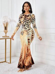 SHEIN Lady 女式优雅动物印花鱼尾下摆连衣裙，秋季 - 彩色 - 查看 3