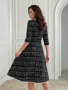 Medorina 女士优雅格子印花撞色绑带腰及膝连衣裙，适合工作和通勤，春秋季 - 彩色 - 查看 2