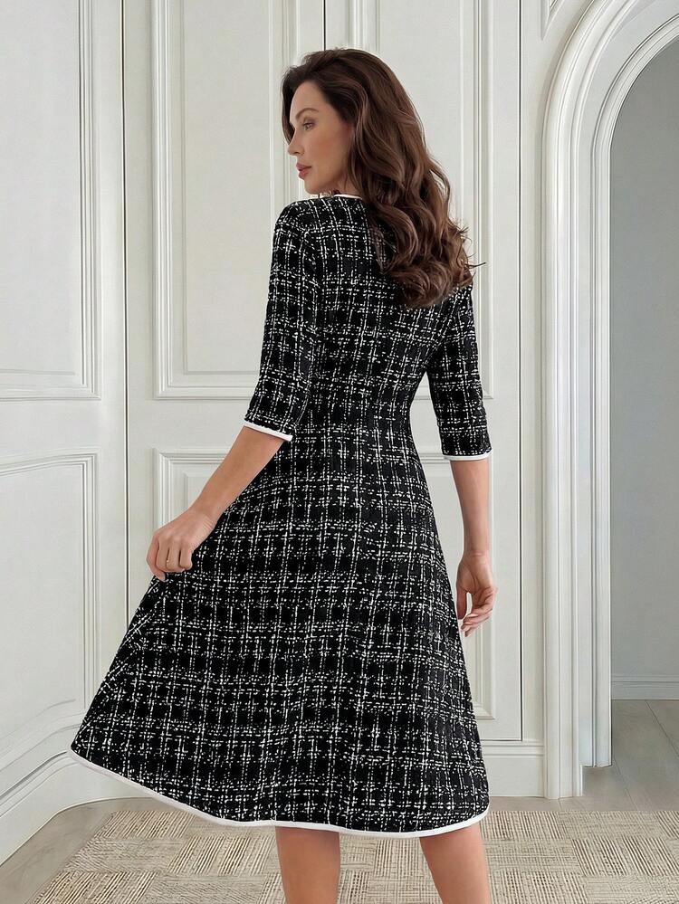 Women's Elegant Plaid Print Contrast Binding Waist Knee-Length Dress, Suitable For Work And Commute, Spring/Autumn Women Dresses Autumn Winter Elegant Dresses For Women Elegant Dresses Going Out Outfit