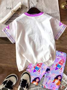 SHEIN 2件套少女休闲时尚彩色韩流女团字母星星印花圆领短袖T恤和短裤套装，适合夏季穿着 - 彩色 - 查看 3
