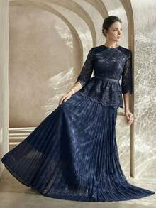 Anewsta Navy Blue New Arrival Embroidered Lace Fabric Mid-Sleeve Flare Sleeve Cinched Waist Waist Pleated Maxi Elegant Dress For Women, Spring/Summer - Navy Blue - View 3