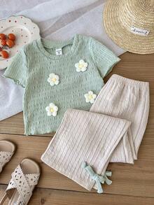 SHEIN LMoss Kids 女童法式优雅3D立体花卉圆领短袖T恤和阔腿裤套装 - 彩色 - 查看 5