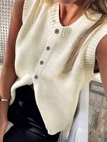 INAWLY Women's Solid Color Crew Neck Button Front Sleeveless Casual Knit Top - White - View 5