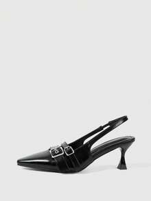 Sleekvia Women's Black Pointed Toe Front Button Gold Square Hollow Asymmetric Heel Pumps, Commuting & Casual Street Style - Black - View 8