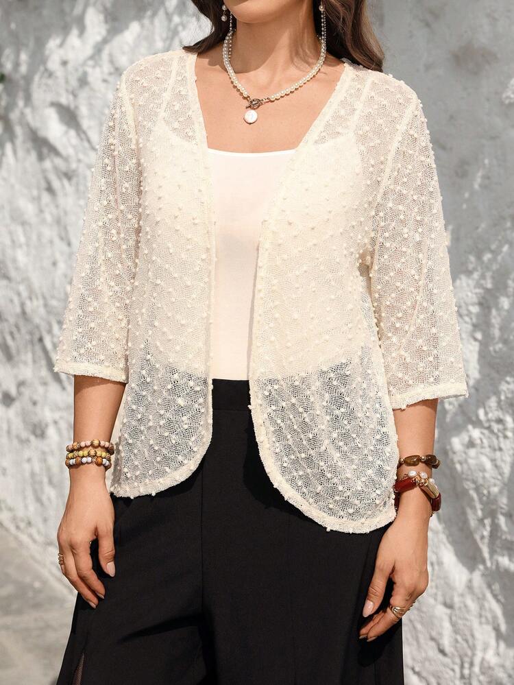 Plus Size Solid Color Sheer Casual Lightweight Jacket, Spring/Summer Vacation Lace Cardigan Light Weight Summer Cardigan Crochet Cardigan Women Lace Jacket Summer Beach Vacation For Women Formal Attire For Women BOHO Lightweight Cardigan For Women Outerwear For Summer Women Lace Top For Women Summer For Women Beach For Women Casual Vacation Women Country Concert Peplum