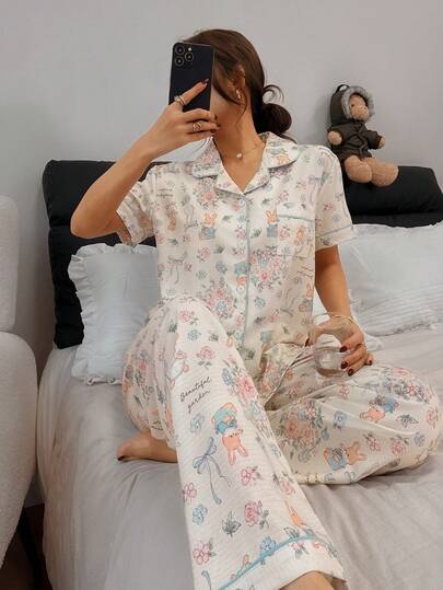 SHEIN Napfluff Bubble Wrinkle Rabbit & Ditsy Floral Short Sleeve Pajama Set