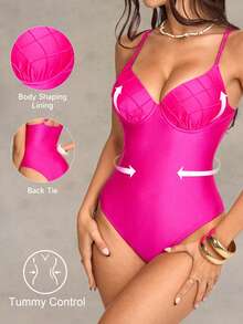 Shapewave 26SS Spring/Summer Vacation Beach Sexy Tummy Control Push-Up Fuchsia Mature Grid One-Piece Swimsuit - Hot Pink - View 1