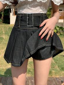 FRIFUL Women's Casual Pleated Waist Belt Denim Mini Skirt, Summer - Blue - View 6