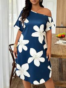 Weeklong Vestido mini de punto de unicolor con cuello redondo, hombros asimétricos y línea A holgada para mujer talla grande, para primavera/verano - Multicolor - Ver 4