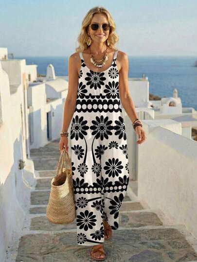 Faunlyn Casual Minimalist Vacation Bohemian Elegant Retro Romantic Floral Print Pattern Loose Fit Comfortable Sleeveless Jumpsuit For Women, Suitable For Spring/Summer Spring