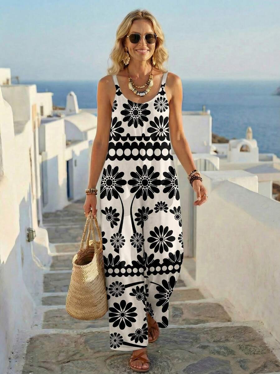 EMERY ROSE Bộ jumpsuit không tay dáng rộng thoải mái, tối giản, phong cách bohemian, thanh lịch, cổ điển, lãng mạn, in hoa, thích hợp cho nữ, phù hợp cho mùa xuân/hè. - Nhiều màu - Xem 1