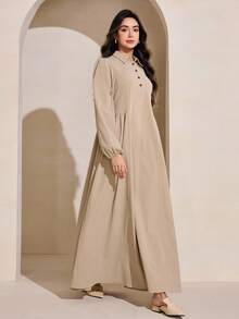 Graceveil 女士简约Polo领长袖优雅休闲阿拉伯风格连衣裙 - 卡其色 - 查看 4