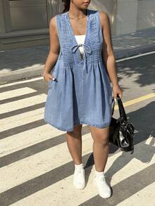 Muchica Bộ jumpsuit denim dáng rộng, không tay, cổ chữ V, thắt eo, xếp ly, dành cho nữ cỡ lớn, thích hợp cho mùa xuân/hè. - Màu xanh lam - Xem 3