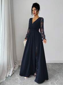 Elenzga 女士优雅深V领蕾丝拼接长袖高开衩连衣裙，适合毕业典礼、节日、情人节、音乐节、母亲节、感恩节、复活节、国庆节、舞会、约会、派对、婚礼、户外活动、春夏等场合。 - 藏蓝色 - 查看 6