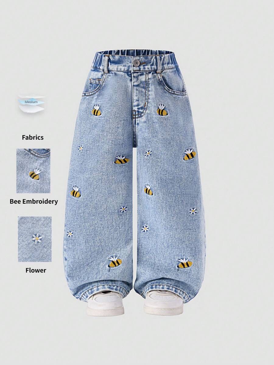 Young Girl Fashion Snowflake Washed Bee & Flower Embroidered Wide-Leg Jeans - Blue - View 1