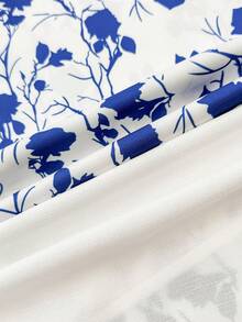 SHEIN Set da 2 pezzi per ragazze adolescenti, composto da una camicia bianca basic con nodo davanti e un tuta con scollo a V e stampa tropicale floreale, adatto per primavera/estate, casual, vacanze, spiaggia, pranzi fuori, campagna - Blu e Bianco - Visualizzare 8