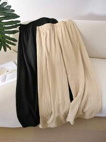 CosyJoli Quần ống đứng cơ bản bằng vải chiffon có họa tiết, cỡ lớn, kiểu dáng thường ngày. - Màu be - Xem 2