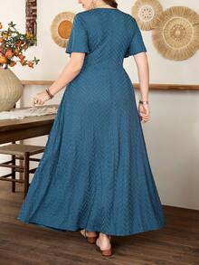 Lacomfia Plus Size Women Ruffle Hem A-Line Dress, Minimalist Elegant Short Sleeve - Teal Blue - View 2