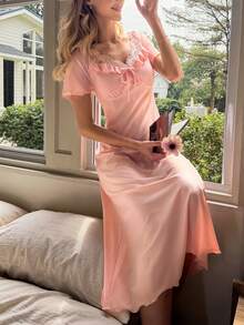 SHEIN Women's V-Neck Short Sleeve Contrast Lace Bow Nightgown - Coral Pink - View 6