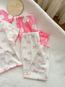 4pcs Baby Girl Heart & Star Pattern Ruffle Trim Knit Comfy Soft Pajama Set, Crew Neck Short Sleeve & Pants,Kids - Multicolor - View 3
