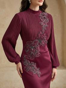 Anewsta 女士圆领长袖褶皱碎花连衣裙，适合派对、亮片、婚礼、春季、夏季、优雅场合、情人节、嘉年华 - 酒紅色 - 查看 3