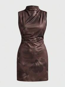 Siren Gaze Vestido mini ajustado con cuello fruncido y estampado floral para mujer - Marrón Chocolate - Ver 3