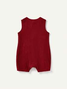 Cozy Pixies Baby Boy Solid Color Decorative Button Round Neck Sleeveless Romper Shorts,Kids - Red - View 2