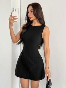 SHEIN PETITE Đầm ngắn hở lưng tối giản màu trơn dành cho nữ - màu đen - Xem 7